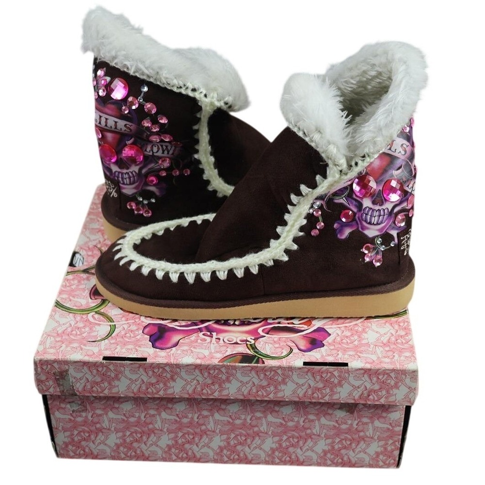 Ed Hardy Boots Womens Size 9 Brown Shearling Faux Fur Rhinestone Shinjuku‎ Boot
